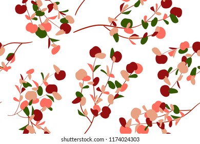 Autumn Seamless Pattern with Eucalyptus Leaves. Foliage Natural Branches. Decorative Background in Vintage Style. Seamless Eucalyptus Pattern for Fabric, Textile, Wrapping Paper, Cloth, Dress, Print.