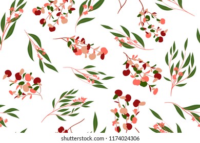 Autumn Seamless Pattern with Eucalyptus Leaves. Foliage Natural Branches. Decorative Background in Vintage Style. Seamless Eucalyptus Pattern for Fabric, Textile, Wrapping Paper, Cloth, Dress, Print.