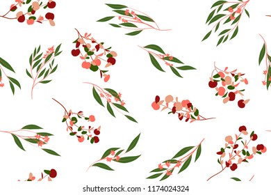 Autumn Seamless Pattern with Eucalyptus Leaves. Foliage Natural Branches. Decorative Background in Vintage Style. Seamless Eucalyptus Pattern for Fabric, Textile, Wrapping Paper, Cloth, Dress, Print.