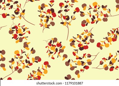 Autumn Seamless Pattern with Eucalyptus Leaves. Foliage Natural Branches. Decorative Background in Vintage Style. Seamless Eucalyptus Pattern for Fabric, Textile, Wrapping Paper, Cloth, Dress, Print.