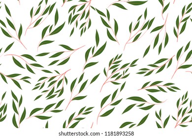 Autumn Seamless Pattern with Eucalyptus Leaves. Foliage Natural Branches. Decorative Background in Vintage Style. Seamless Eucalyptus Pattern for Fabric, Textile, Wrapping Paper, Cloth, Dress, Print.