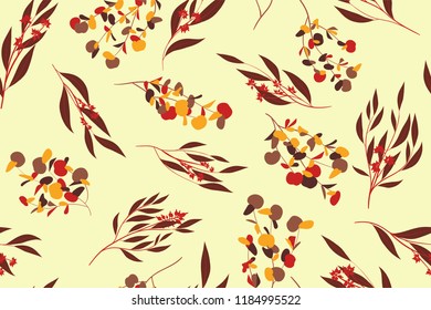 Autumn Seamless Pattern with Eucalyptus Leaves. Foliage Natural Branches. Decorative Background in Vintage Style. Seamless Eucalyptus Pattern for Fabric, Textile, Wrapping Paper, Cloth, Dress, Print.