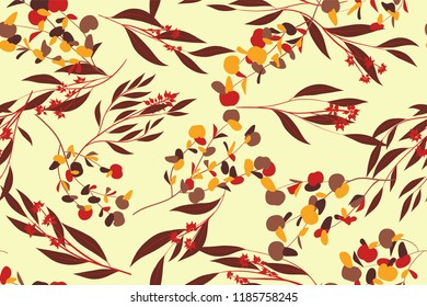 Autumn Seamless Pattern with Eucalyptus Leaves. Foliage Natural Branches. Decorative Background in Vintage Style. Seamless Eucalyptus Pattern for Fabric, Textile, Wrapping Paper, Cloth, Dress, Print.