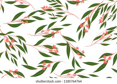 Autumn Seamless Pattern with Eucalyptus Leaves. Foliage Natural Branches. Decorative Background in Vintage Style. Seamless Eucalyptus Pattern for Fabric, Textile, Wrapping Paper, Cloth, Dress, Print.