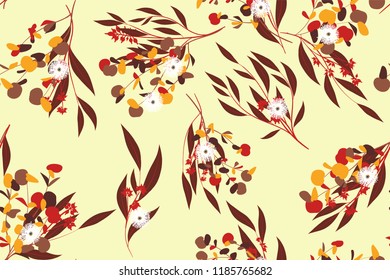 Autumn Seamless Pattern with Eucalyptus Leaves. Foliage Natural Branches. Decorative Background in Vintage Style. Seamless Eucalyptus Pattern for Fabric, Textile, Wrapping Paper, Cloth, Dress, Print.