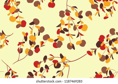Autumn Seamless Pattern with Eucalyptus Leaves. Foliage Natural Branches. Decorative Background in Vintage Style. Seamless Eucalyptus Pattern for Fabric, Textile, Wrapping Paper, Cloth, Dress, Print.