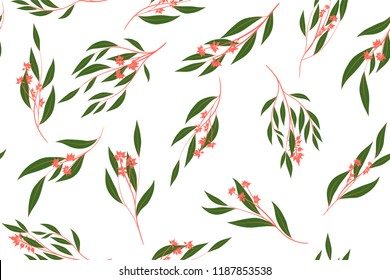 Autumn Seamless Pattern with Eucalyptus Leaves. Foliage Natural Branches. Decorative Background in Vintage Style. Seamless Eucalyptus Pattern for Fabric, Textile, Wrapping Paper, Cloth, Dress, Print.
