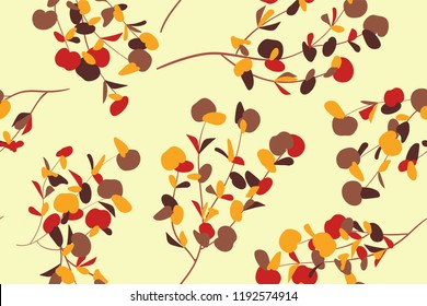 Autumn Seamless Pattern with Eucalyptus Leaves. Foliage Natural Branches. Decorative Background in Vintage Style. Seamless Eucalyptus Pattern for Fabric, Textile, Wrapping Paper, Cloth, Dress, Print.