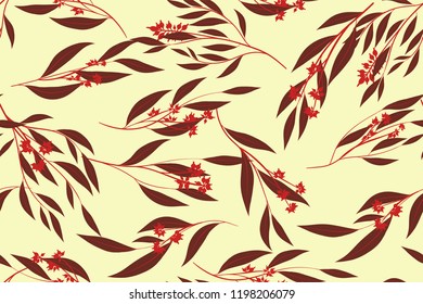Autumn Seamless Pattern with Eucalyptus Leaves. Foliage Natural Branches. Decorative Background in Vintage Style. Seamless Eucalyptus Pattern for Fabric, Textile, Wrapping Paper, Cloth, Dress, Print.