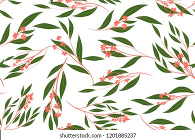 Autumn Seamless Pattern with Eucalyptus Leaves. Foliage Natural Branches. Decorative Background in Vintage Style. Seamless Eucalyptus Pattern for Fabric, Textile, Wrapping Paper, Cloth, Dress, Print.