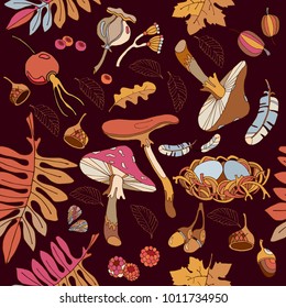 Autumn seamless pattern fabric design textile cute forest colorful autumn leaves print hand drawn
