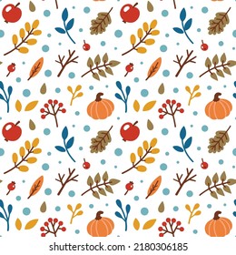 Autumn seamless pattern, fabric, textile, texture. Vector floral illustration. Fall pattern. Autumn elements - pumkin, apple, leaves, berries.