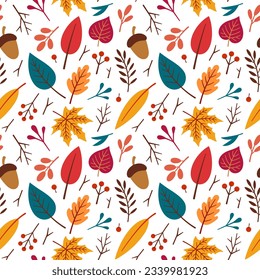 Autumn seamless pattern, fabric, textile, texture. Vector floral illustration. Fall pattern. Autumn elements - acorn, apple, leaves, berries. Flat design, doodle style.