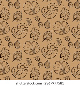 Autumn seamless pattern, fabric, textile, texture. Vector floral illustration. Fall pattern. Autumn elements - pumkin, apple, leaves, berries