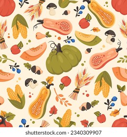 Patrón sin fisuras de otoño. Fondo de caída con calabaza, hojas, trigo, bayas, setas. Día de Acción de Gracias. Cosecha estacional. Ilustración vectorial para papeles pintados, textiles, web, cuadernos, papel envolvente