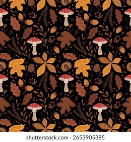 Padrão contínuo de outono. Plano de fundo do outono. Folhas de outono, Cogumelos de mosca agáricos, bagas, bolotas, castanheiro. Ácer, Carvalho, Folhas De Castanha. Ilustração vetorial em amarelo, marrom, laranja em preto