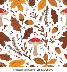 Padrão contínuo de outono. Plano de fundo do outono. Folhas de outono, Cogumelos de mosca agáricos, bagas, bolotas, castanheiro. Ácer, Carvalho, Folhas De Castanha. Ilustração vetorial em amarelo, marrom, laranja em branco