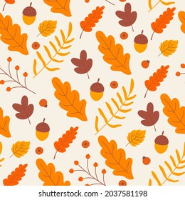 Autumn seamless pattern, fall leaf oak leaves with acorns texture vector illustration. Cartoon brown orange foliage, tree leaves branches nature plants background