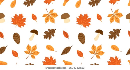 Autumn seamless pattern with fall leaves and mushrooms on white background. Flat vector illustration