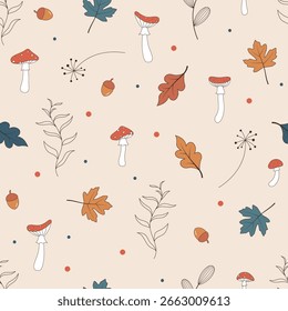 Patrón sin fisuras de otoño con hojas de otoño, planta y mosca setas agáricas