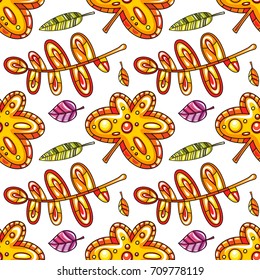 Autumn seamless pattern with fall leaves isolated on background. Abstract floral texture. Colorful cartoon backdrop. Template for fashion prints, seasonal sale,  social media. Vector design elements