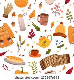 Autumn seamless pattern. Fall season autumn doodle elements. Hand drawn pumpkins, falling leaves, pie and other
