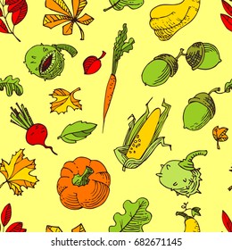 Autumn seamless pattern. Fall season background with bright leaves and vegetables. Doodle vector illustration with acorn, pumpkin, chestnut and corn in line art style. 