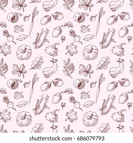 Autumn seamless pattern. Fall season background with leaves and vegetables. Doodle vector illustration with acorn, pumpkin, chestnut and corn in line art style. 