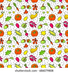 Autumn seamless pattern. Fall season background with leaves and vegetables. Doodle vector illustration with acorn, pumpkin, chestnut and corn