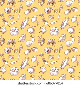 Autumn seamless pattern. Fall season background with leaves and vegetables. Doodle vector illustration with acorn, pumpkin, chestnut and corn in line art style. 