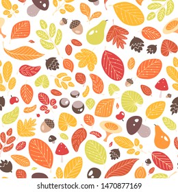 Autumn seamless pattern with fallen leaves or dried foliage, acorns, fruits, nuts and mushrooms on white background. Flat seasonal vector illustration for textile print, wallpaper, wrapping paper.