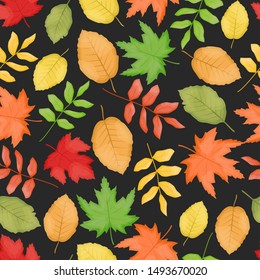 Autumn seamless pattern with fallen leaves on the black background. 