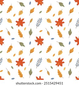 Autumn seamless pattern with falling colorful leaves on white background. Fall background