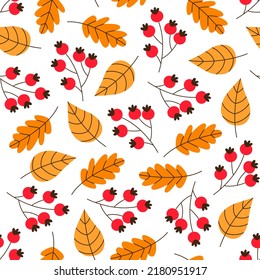 Autumn Seamless Pattern With Falling Leaf And Berries. Rose Hips, Berries Of Rowan. Cozy Forest Cute Fall Illustration. For Wallpaper, Gift Paper, Web, Fall Greeting Cards, Fabric, Textile, Texture.