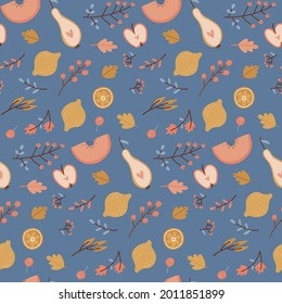 Autumn seamless pattern. Falling leaves, apples, pears, lemon. Fall Harvesting. Seasonal background for wallpaper, wrapping paper, textile, scrapbooking. Flat hygge vector design on blue background