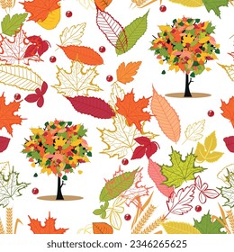 Autumn seamless pattern with falling leaves in yellow, orange, burgundy, green colors and autumn tree. Autumn image. Vector seamless background