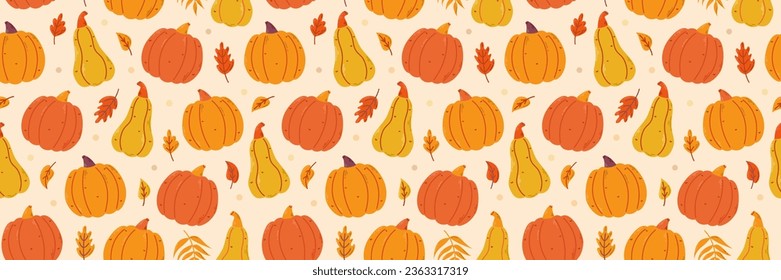 Autumn seamless pattern, falling leaves and pumpkins. Vector hand drawn illustration