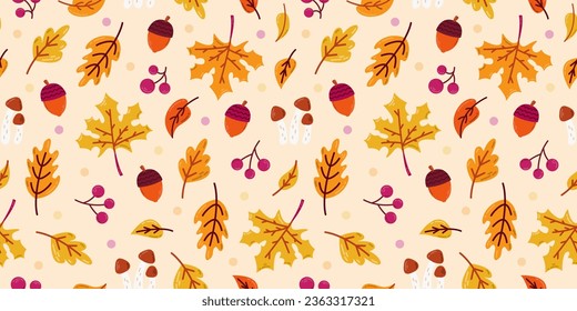 Autumn seamless pattern, falling leaves, acorn, mushrooms and berries. Vector hand drawn illustration