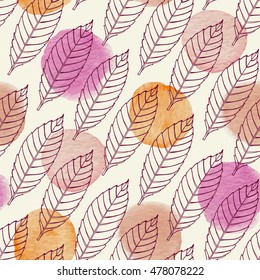 Autumn seamless pattern with falling leaves and watercolor blots