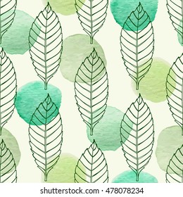 Autumn seamless pattern with falling leaves and green watercolor blots