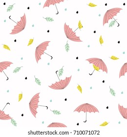 Autumn seamless pattern with falling umbrella and dry leaves. Vector hand drawn illustration.