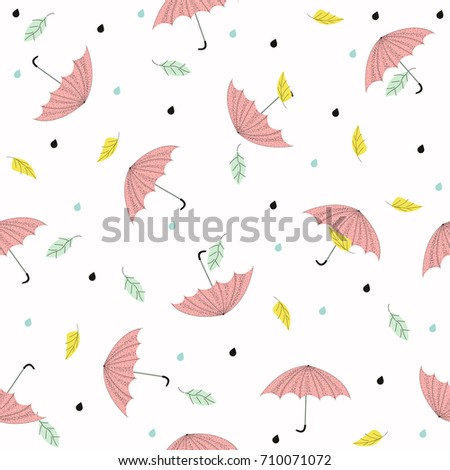 Autumn seamless pattern with falling umbrella and dry leaves. Vector hand drawn illustration.