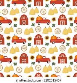 Autumn seamless pattern with farm objects: red barns, red cars, pumpkins, haystacks and wooden wheels. Vector illustration for autumn design for scrapbooking, wrapping paper, fabric, textile.