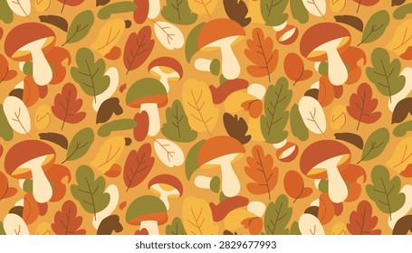 Autumn seamless pattern filled with forest mushrooms, fallen oak leaves, and warm orange woodland foliage.