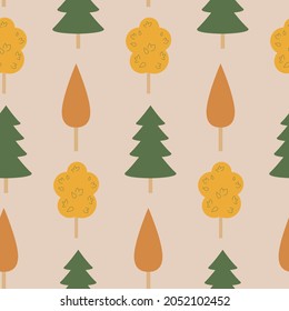 Autumn seamless pattern, fir trees and deciduous trees, vector illustration for textiles and wrapping paper