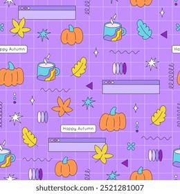 Autumn seamless pattern in flat neo brutalism design. Background of cyber aesthetic geometric shapes and fall decor