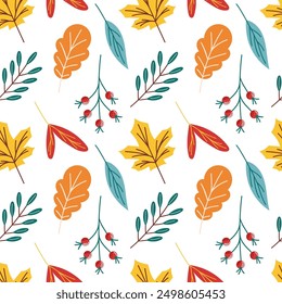 Autumn seamless pattern in flat style. Colorful leaves design. Background for textiles, fabrics, covers, wallpaper, print, wrapping, postcard. Vector illustration on a white background.