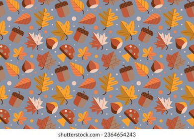 Autumn seamless pattern with flat vector illustrations of acorns, chestnut, mushroom, leaves and various natural elements