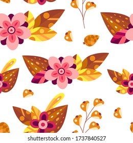 Autumn seamless pattern with flowers and leaves in decorative flat style. Background for textile, wallpapers, gift paper. Vector season illustration on white.