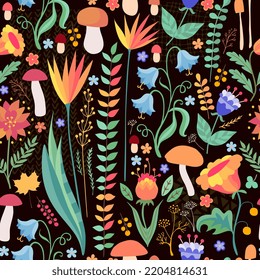 Autumn seamless pattern with flowers, leaves and mushrooms. Print for fabric, textile, wrapping paper.